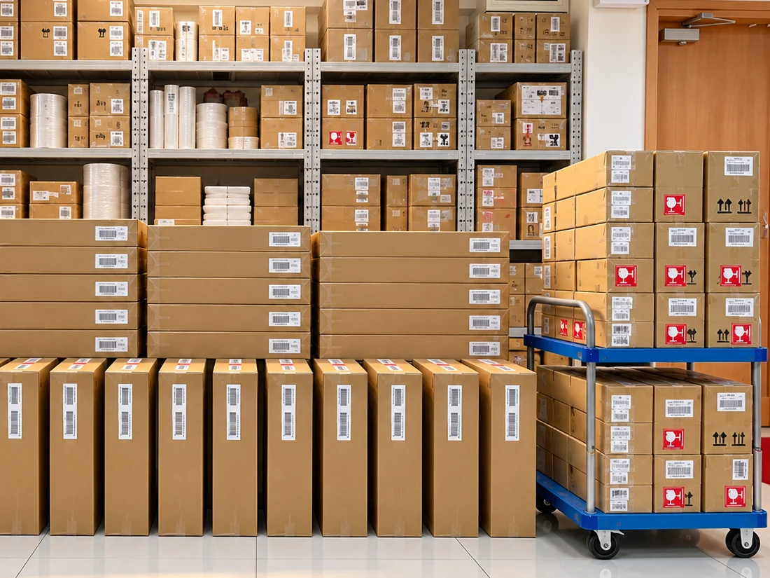 Illustration: sealed cartons stacked on shelving and a trolley, ready for outbound shipment